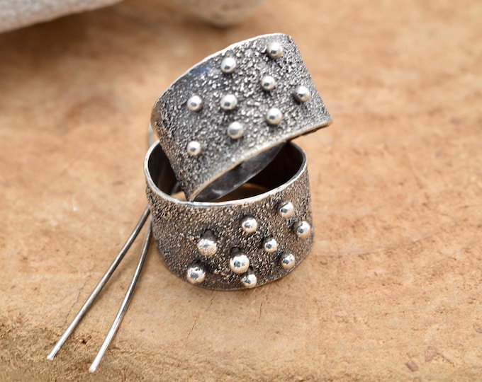 USA Handmade recycled sterling silver hoop earring, fused silver, one of a kind minimalist gift, metalsmith art jewelry,  earthy design