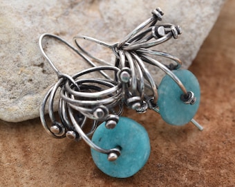Amazonite buttoned sterling silver ring earrings organic one of a kind gifts hand fabricated amazonite art jewelry small USA business