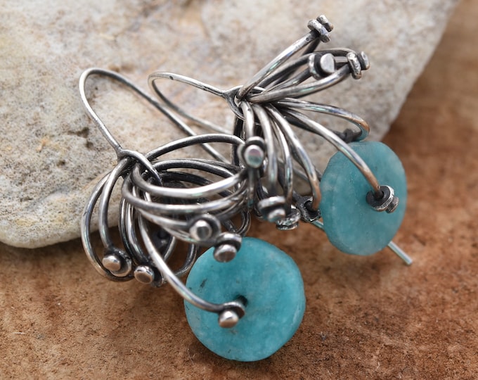 Amazonite buttoned sterling silver ring earrings organic one of a kind gifts hand fabricated amazonite art jewelry small USA business