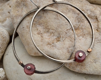 Handmade sterling silver 14k gold garnet hoop earring, One of a kind gift for women USA independent artist, Mixed metal jewelry