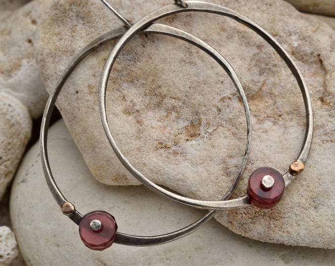 Handmade sterling silver 14k gold garnet hoop earring, One of a kind gift for women USA independent artist, Mixed metal jewelry