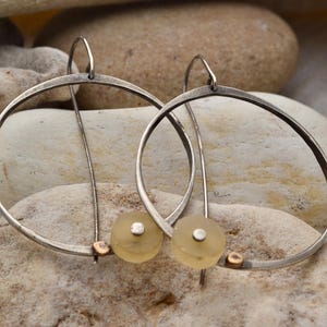 Hand fabricated forged sterling silver hoop earring with citrine stone and 14k gold accent, One of a kind gift for women, small USA artist