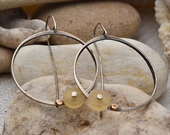 Hand fabricated forged sterling silver hoop earring with citrine stone and 14k gold accent, One of a kind gift for women, small USA artist