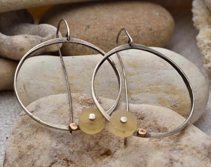 Hand fabricated forged sterling silver hoop earring with citrine stone and 14k gold accent, One of a kind gift for women, small USA artist
