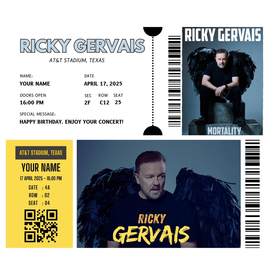 Ricky Gervais Printable Live Ticket Gifts, Shane Gillis Editable Custom