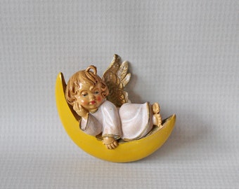 Vintage Angel Resting in Crescent Moon Christmas Ornament. Made in Italy.