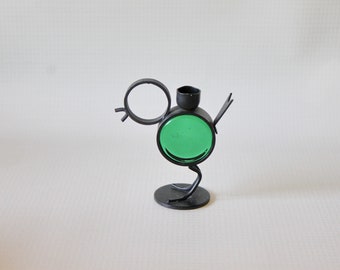 Vintage Ystad Metall of Sweden Bird or Chick Metal and Green Glass Candleholder by Designer Gunnar Ander. MCM Style.