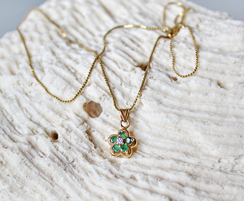 Marked 14 K Dainty 14K Yellow Gold Necklace with Chrysoprase and Diamond Flower Pendant 15 Inch Chain.