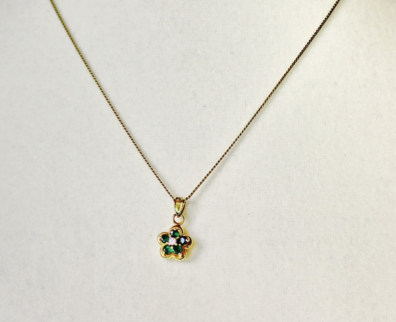 Marked 14 K Dainty 14K Yellow Gold Necklace with Chrysoprase and Diamond Flower Pendant 15 Inch Chain.