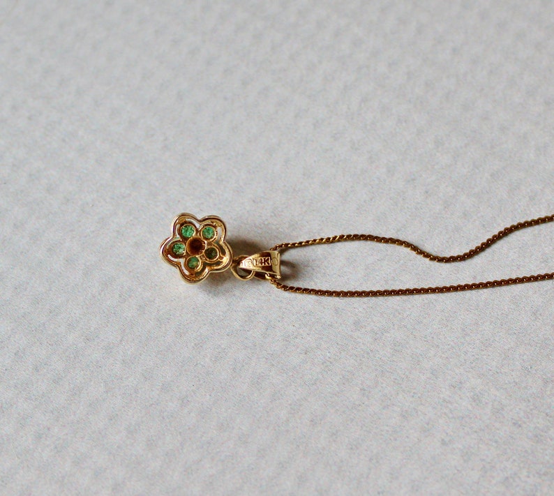 Marked 14 K Dainty 14K Yellow Gold Necklace with Chrysoprase and Diamond Flower Pendant 15 Inch Chain.