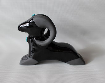 Vintage Lawrence Vargas Ram or Mountain Goat Blackware Pottery Figure with Embedded Turquoise. Southwest Art from Albuquerque, NM.