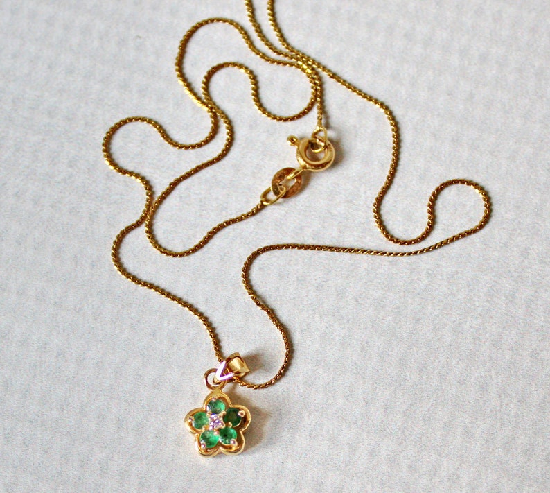 Marked 14 K Dainty 14K Yellow Gold Necklace with Chrysoprase and Diamond Flower Pendant 15 Inch Chain.