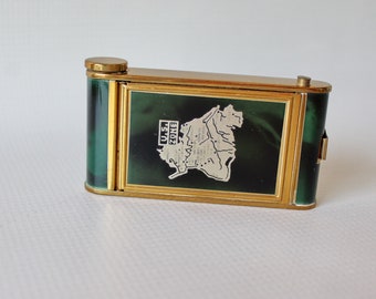 Vintage Ladies Camera Style Compact U.S. Zone, Germany Map in Silver on Dark Green Marbled Background. Circa 1940s.