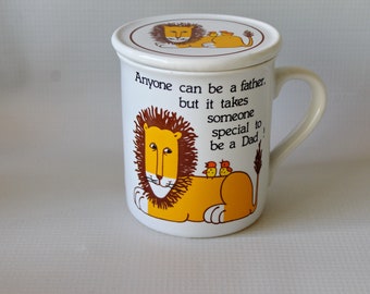 Vintage Dad Lion Mug with Lid. Great Gift for Father or Grandfather.