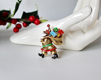 Vintage Art Arthur Pepper Santa Brooch. Gold Tone with Enamel and Rhinestones.