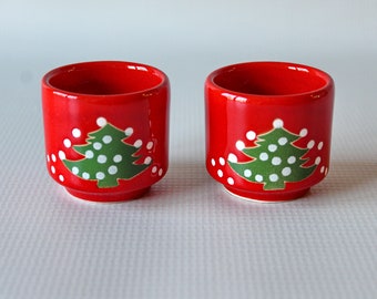 Vintage Waechtersbach Candleholders, Green Christmas Trees on Glossy Red Backgrounds. Set of 2 Candle Holders.