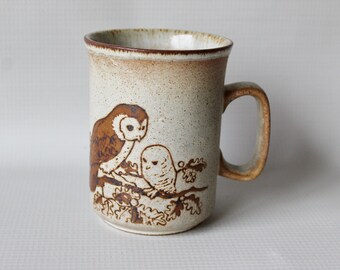 Vintage Dunoon Scotland Owls Stoneware Mug. Beige Background with Brown Owls and Overall Spatter Effect.