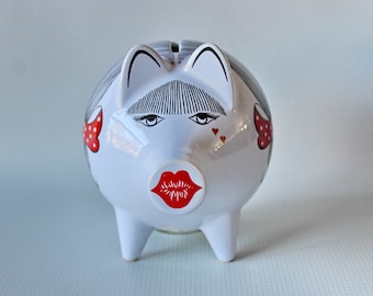 Vintage Adorable Waechtersbach Ceramic Piggy Bank. White with Red Hearts, Lips and Bows and Black Trim. A Great Valentine's Day Gift.
