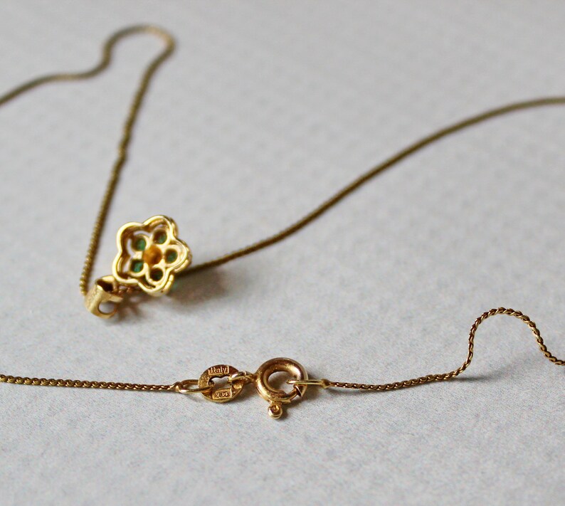 Marked 14 K Dainty 14K Yellow Gold Necklace with Chrysoprase and Diamond Flower Pendant 15 Inch Chain.