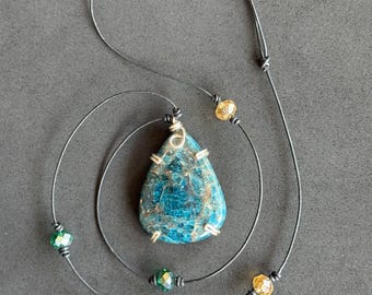Natural Blue Apatite Pendant on Beaded Black Cord – Clarity, Courage & Cosmic Flow