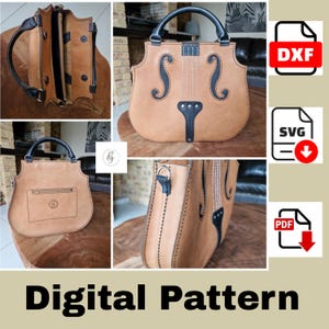 Könnte beinhalten: Eine hellbraune Lederhandtasche in Geigenform mit schwarzen Akzenten und einem schwarzen Griff. Die Tasche hat eine Vordertasche und einen Schulterriemenanschluss. Der Text "Digital Pattern" befindet sich am unteren Rand des Bildes.