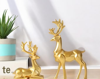 Geometric Deer Statues: Gold & Silver Resin Minimalist Decor (Set of 2)