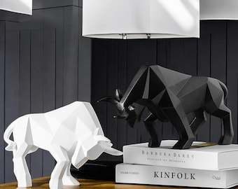 Resin Bull Figurine: Modern Art Desk Decor - Black and White
