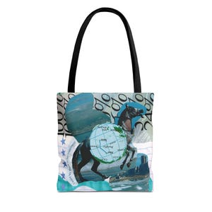 Aqua Globe Horse Tote Bag, Unique Retro Horse Lover Gifts, Beach Tote, Travel Bag, Vintage Style, Eco-Friendly Shopping Tote