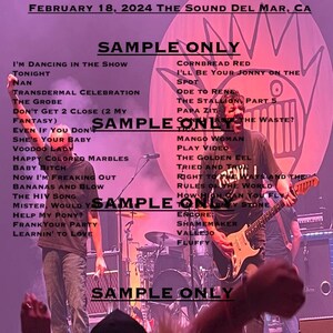 Puede incluir: Cartel de concierto de la banda Ween, con una lista de títulos de canciones y la fecha 18 de febrero de 2024, en The Sound Del Mar, CA. La imagen muestra una actuación en directo con los miembros de la banda en el escenario.