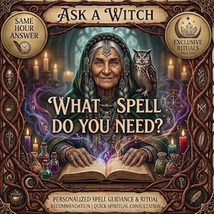 Può includere: Un'illustrazione digitale di una persona anziana con capelli grigi intrecciati e un mantello verde, seduta dietro un libro aperto. Il testo recita: ASK A WITCH, WHAT SPELL DO YOU NEED?, SAME HOUR ANSWER, EXCLUSIVE RITUALS e PERSONALIZED SPELL GUIDANCE.