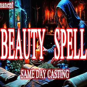 Könnte beinhalten: Eine Illustration einer Person in einem blauen Kapuzenmantel, umgeben von Kerzen und mystischen Gegenständen. Der Text "Permanent BEAUTY SPELL SAME DAY CASTING" in Rot und Weiß deutet auf ein Thema von Magie und Schönheit hin.