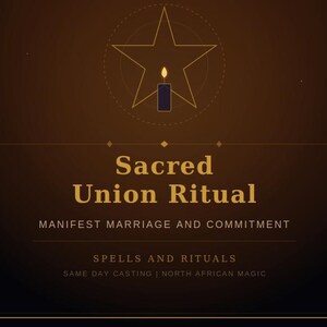 Può includere: Grafica marrone scuro con testo dorato che recita "Sacred Union Ritual" e "Manifesta il matrimonio e l'impegno". L'immagine include un'icona a forma di stella e candela e il testo "Incantesimi e rituali".