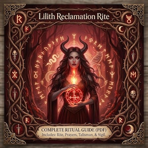 Può includere: Una stampa digitale intitolata Lilith Reclamation Rite che mostra una figura cornuta in abito rosso che tiene un sigillo luminoso. Il bordo è composto da rami scuri e intrecciati con vari simboli, tra cui teschi, pugnali e lune.