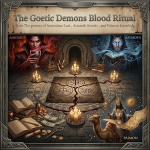 May include: An illustration depicting a ritual scene with the text "The Goetic Demons Blood Ritual." The image features figures labeled Asmodeus, Astaroth, and Paimon, surrounded by candles, books, and ritualistic symbols. The overall color scheme is dark with red and gold accents.
