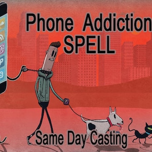 Op de afbeelding: Cartoon illustratie over telefoonverslaving. Een smartphone met armen en benen leidt een persoon aan een riem, gevolgd door een hond en een kat. De tekst luidt "Phone Addiction SPELL" en "Same Day Casting" tegen een rode stadsachtergrond.