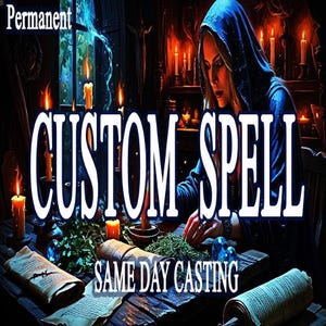 Può includere: Immagine con il testo "Permanent CUSTOM SPELL SAME DAY CASTING". L'immagine raffigura una persona con un mantello blu con cappuccio, circondata da candele, erbe e pergamene. La scena ha un tema mistico e magico.