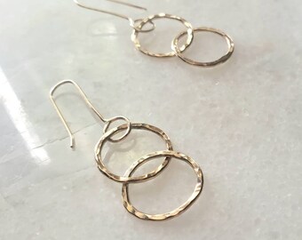 Double gold hoops, forged gold, gold filled circles