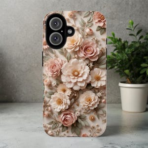 Elegant 3D Floral Phone Case, Soft Pink Cream Cottagecore Cover, Feminine iPhone Samsung Google, 3D Wrap Botanical Art Case