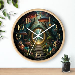Enchanted Forest Portal Wall Clock, Mystical Mushroom Clock, Glowing Woodland Magic Art, Fantasy Forest Decor, Radiant Nature Wall Clock