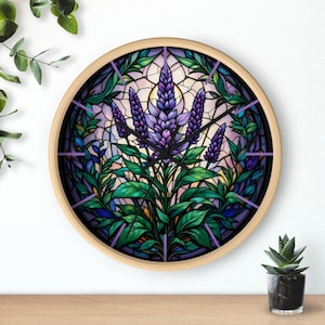 Lavender Stained Glass Wall Clock, Lavender Aesthetic, Floral Home Clock, Unique Glass Art, Hanging Wall Clock, Garden Aesthetic