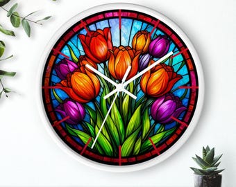 Floral Stained Glass Style Tulip Wall Clock, Botanical Home Decor