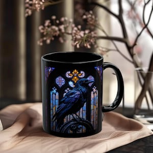 Raven Stained Glass Mug, Black Ceramic Mug with Purple Cathedral Window, Gothic Coffee Cup, Crow Lover Gift, 11oz or 15oz