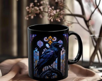 Raven Stained Glass Mug, Black Ceramic Mug with Purple Cathedral Window, Gothic Coffee Cup, Crow Lover Gift, 11oz or 15oz