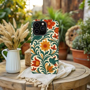 Scandinavian Folk Art Phone Case, Rosemaling Birds and Florals, Traditional Nordic Pattern, Vintage Floral Phone Cover