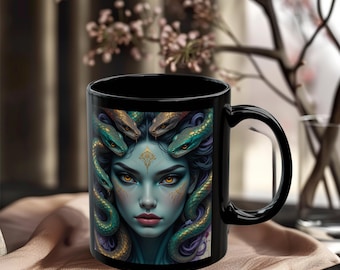 Medusa Art Mug, Mythical Greek Goddess Coffee Cup, Gothic Medusa Snakes Mug, Dark Fantasy Tea Mug, Halloween Witch Gift, Jewel Toned ArtMug