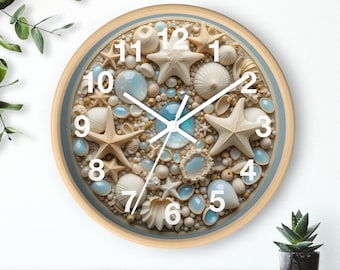 Beach Seashell Wall Clock, Coastal Opal and Starfish Clock, Cream and Light Blue Ocean Decor, Realistic 3D Look, Beach House Wall Art