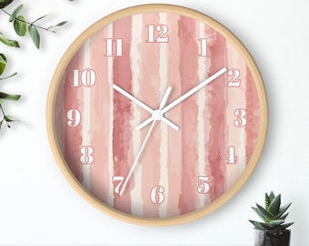 Pink Watercolor Stripe Clock, Soft Rose Blush Wall Art, Romantic Pastel Clock, Minimalist Pink Decor, Quiet Cottagecore Clock