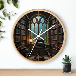 Cozy Library Cat Wall Clock, Vintage Book Nook Clock, Full Moon Window Clock, Magical Library Decor, Black Cat Reading Room Art