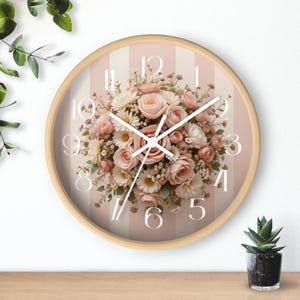 Reloj de pared con ramo floral bohemio, reloj artístico 3D de peonías y rosas rosas suaves, decoración estética de rayas neutras, elegante reloj bohemio para dormitorio y oficina.