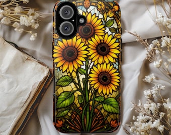 Stained Glass Sunflower Phone Case, Bold Floral Art Cover, Vibrant iPhone Samsung Google, Sunflower Gift Idea for Her